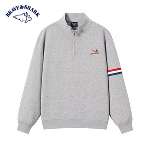 勇士鲨鱼高端品牌美式半拉链卫衣2025秋装新款刺绣条纹灰色上衣男