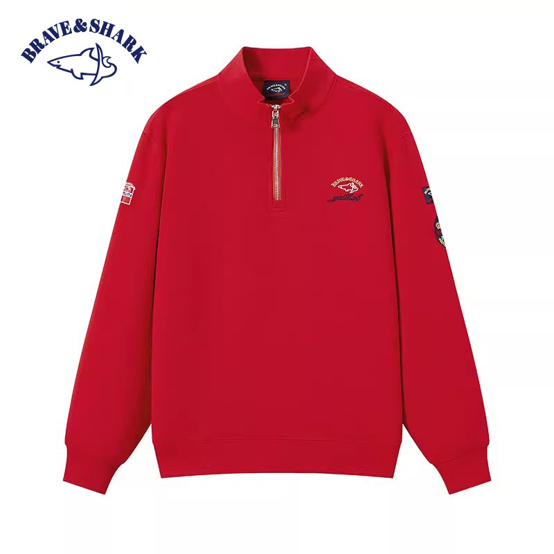 勇士鲨鱼白色刺绣品牌2025春秋半拉链红色卫衣男美式运动高级时尚