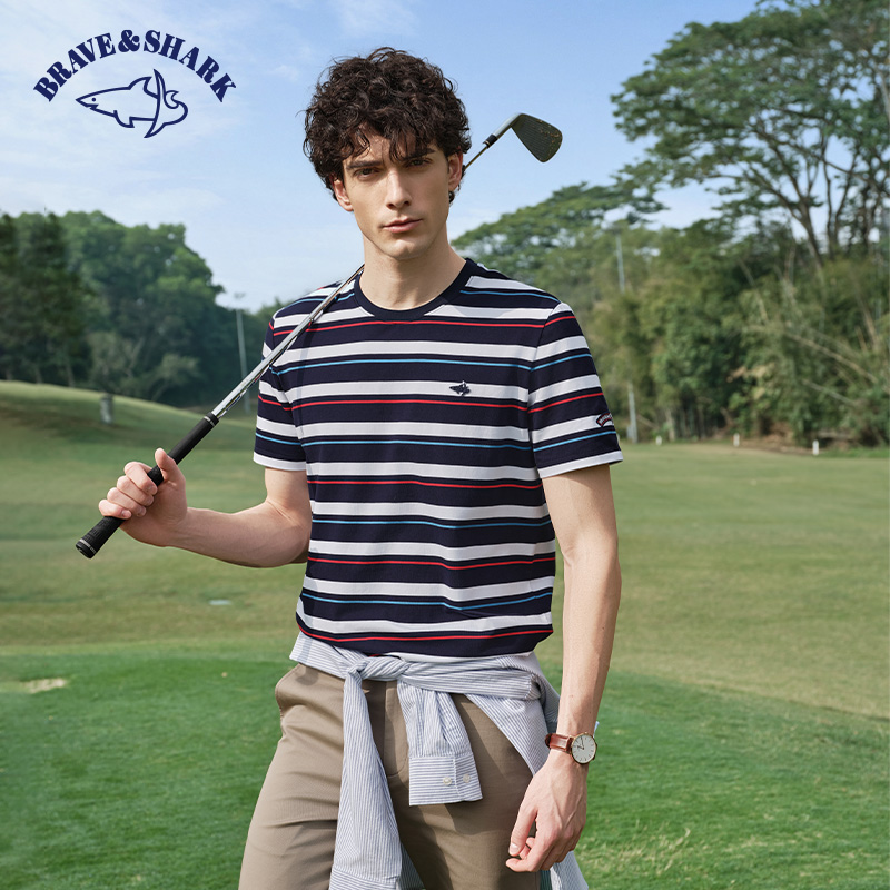 勇士鲨鱼经典条纹刺绣短袖T恤
