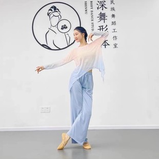 新款 套装 女飘逸长袖 现代舞蹈服练功服演出服渐变纱衣阔腿裤 艺考服