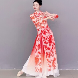 古典舞中国民族风气质飘逸修身旗袍长款弹力纱衣广场舞表演出服