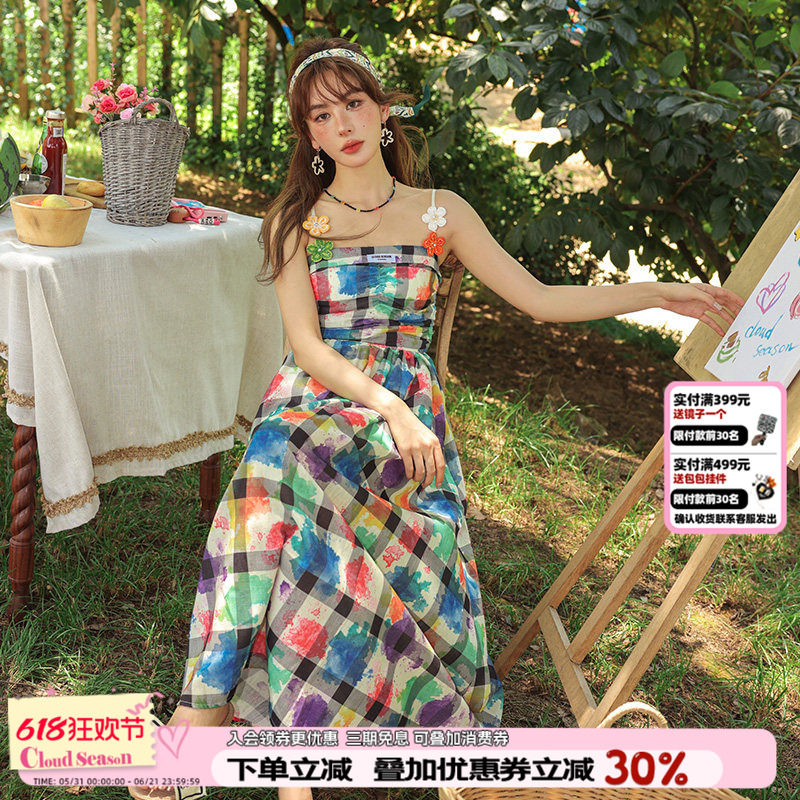 CLOUDSEASON设计感吊带连衣裙长裙夏季新款彩色个性小众格子裙子