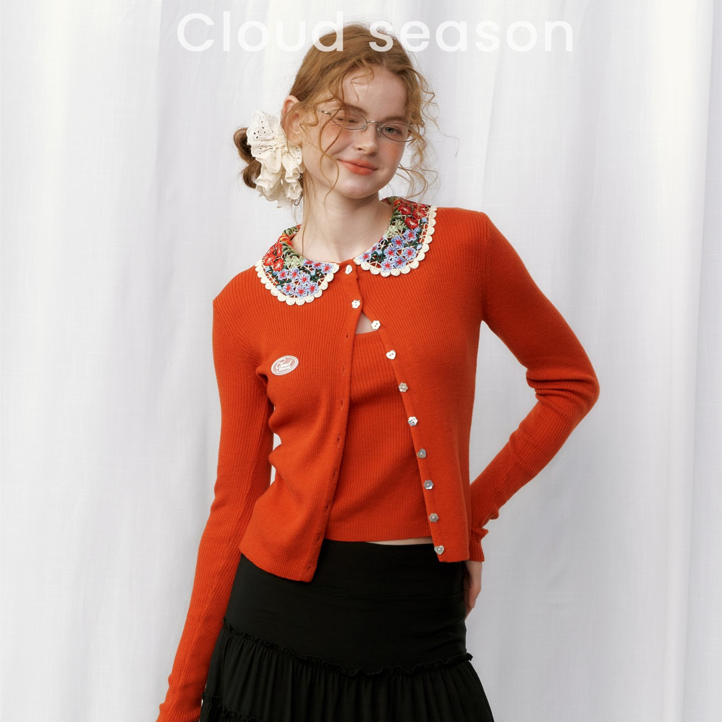 CLOUDSEASON落日甜橘两件套复古娃娃领针织开衫甜妹背心叠穿套装