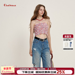 CLOUDSEASON半日眠破洞牛仔裤女夏薄款破洞牛仔裤女微喇牛仔裤女