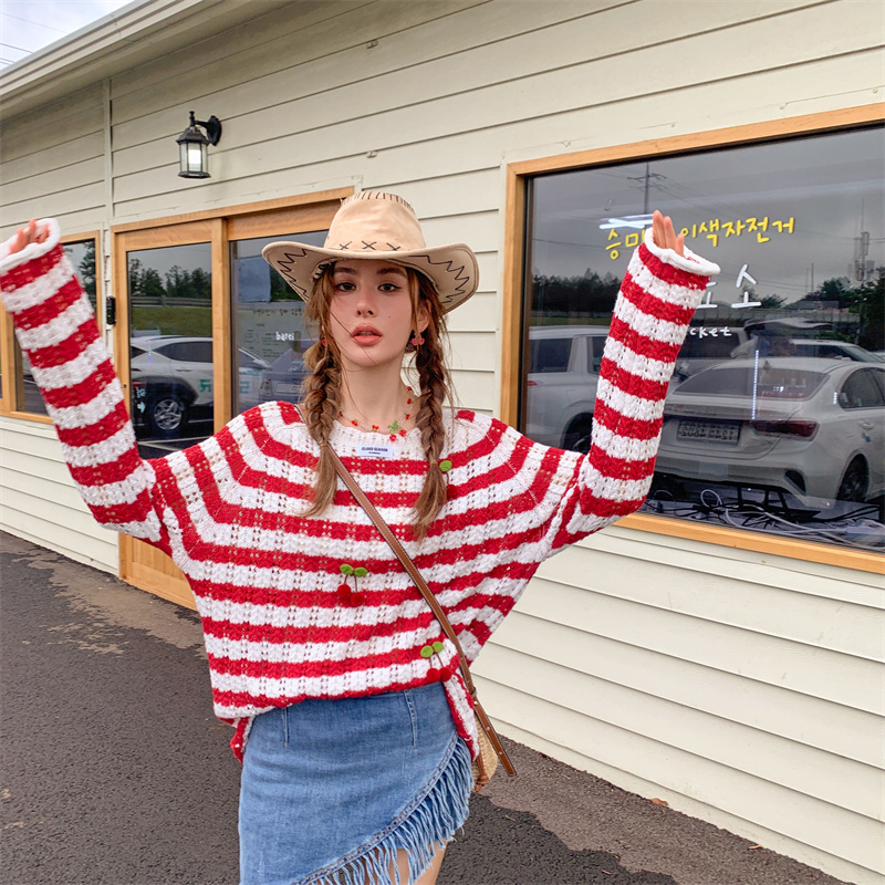 CLOUDSEASON樱桃条纹针织衫