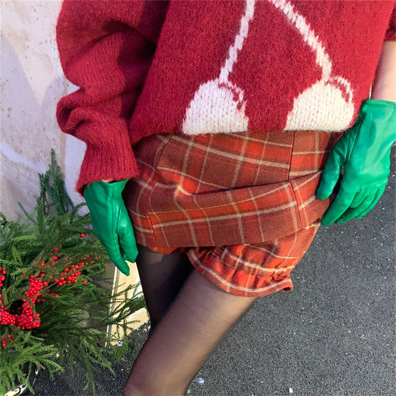 CLOUDSEASON红色撞色格子裤裙2024新款a字半身裙女小个子包臀显瘦