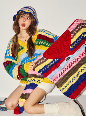 CLOUDSEASON条纹间色毛衣春秋2025新款小个子慵懒风条纹加厚上衣