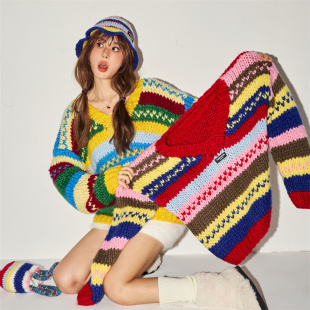 CLOUDSEASON条纹间色毛衣春秋2025新款小个子慵懒风条纹加厚上衣