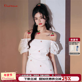 CLOUDSEASON樱桃露腰吊带辣妹连衣裙夏季新款收腰设计感小众穿搭
