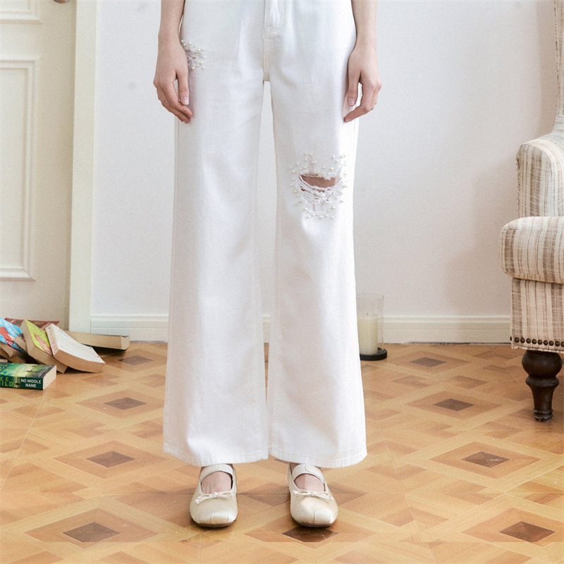 CLOUDSEASON简约爱心破洞牛仔裤 2026新款女夏季薄款阔腿裤白色