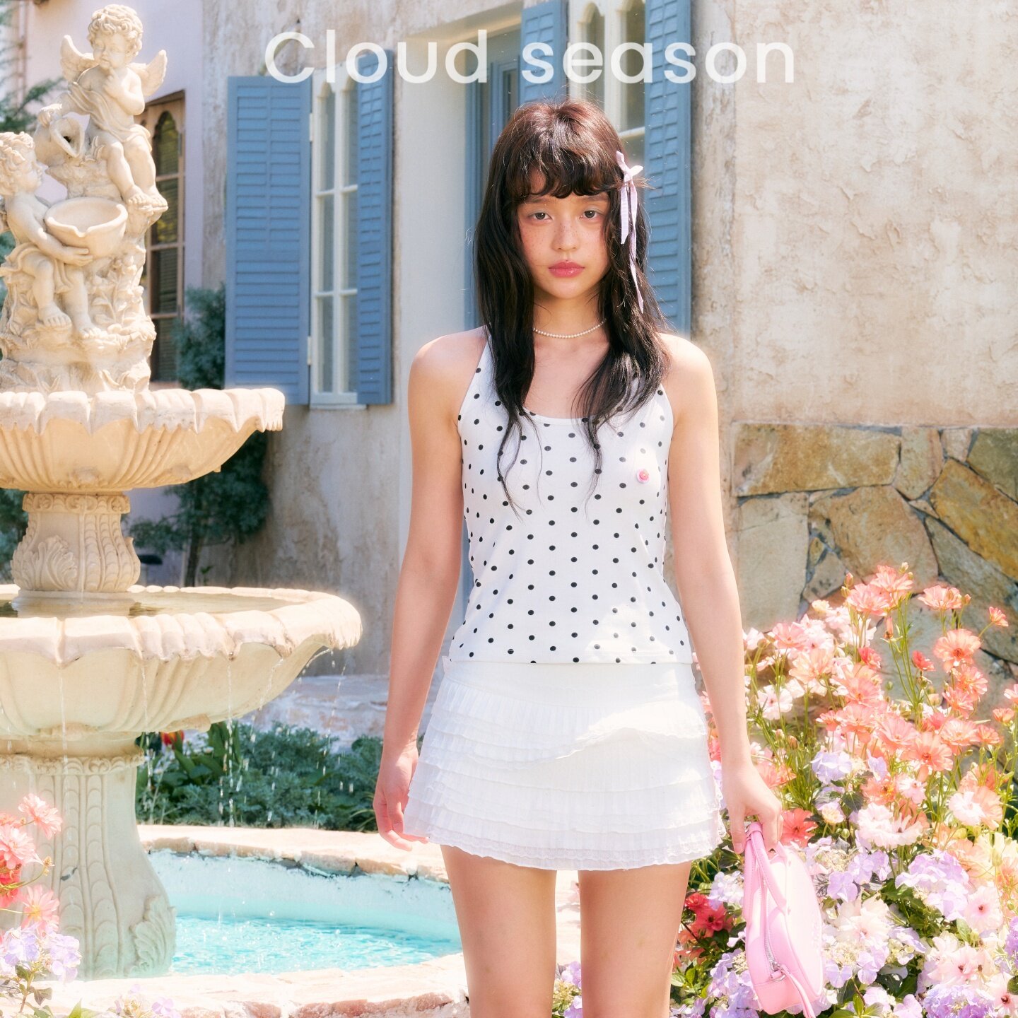 CLOUDSEASON番茄点点挂脖背心U领波点黑色吊带露背撞色小上衣女夏 - 实物图
