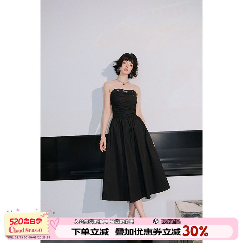 CLOUDSEASON彩钻黑色抹胸裙夏季法式高级感长裙无袖高腰a字连衣裙