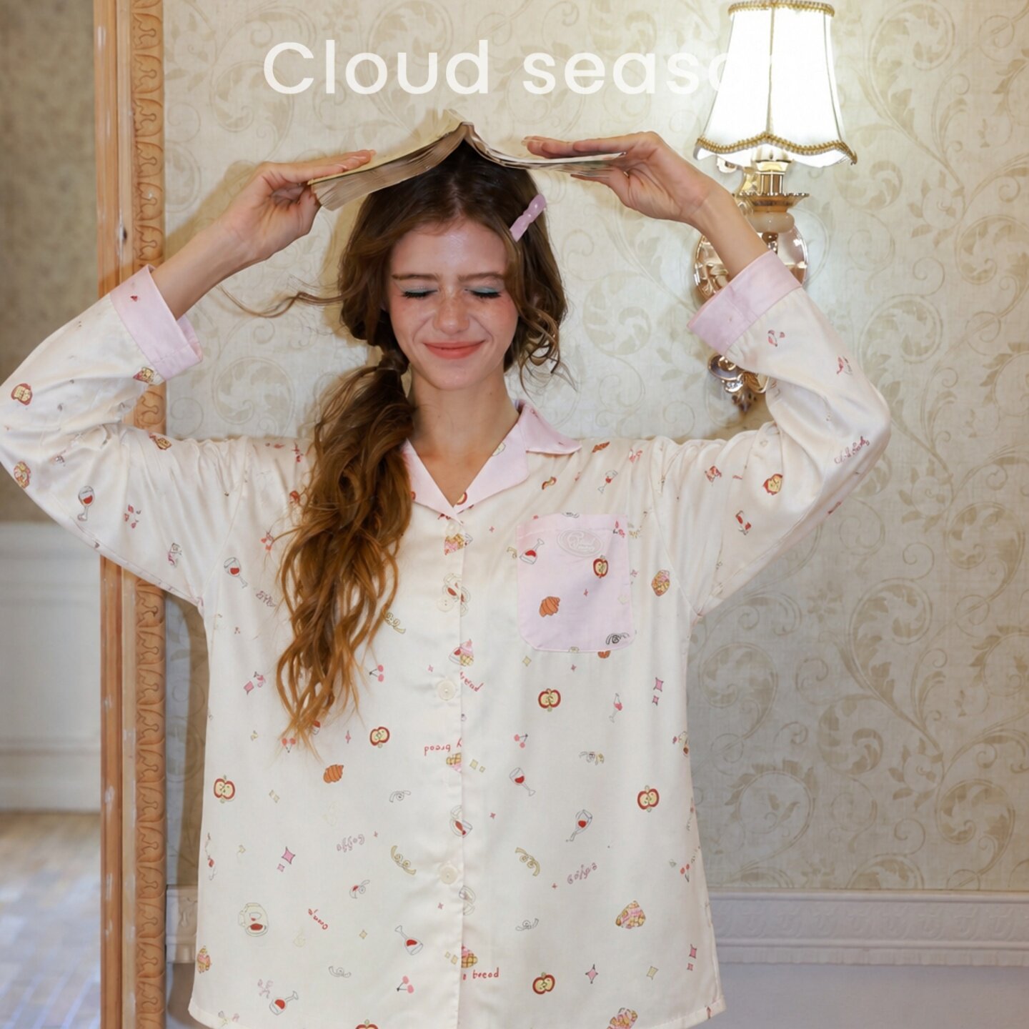 CLOUDSEASON甜品少女睡衣带口袋长袖印花上衣宽松睡裤两件家居服