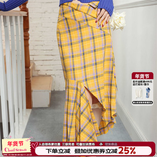 CLOUDSEASON不规则格子半身裙女高级感下摆2026冬季新款中长裙