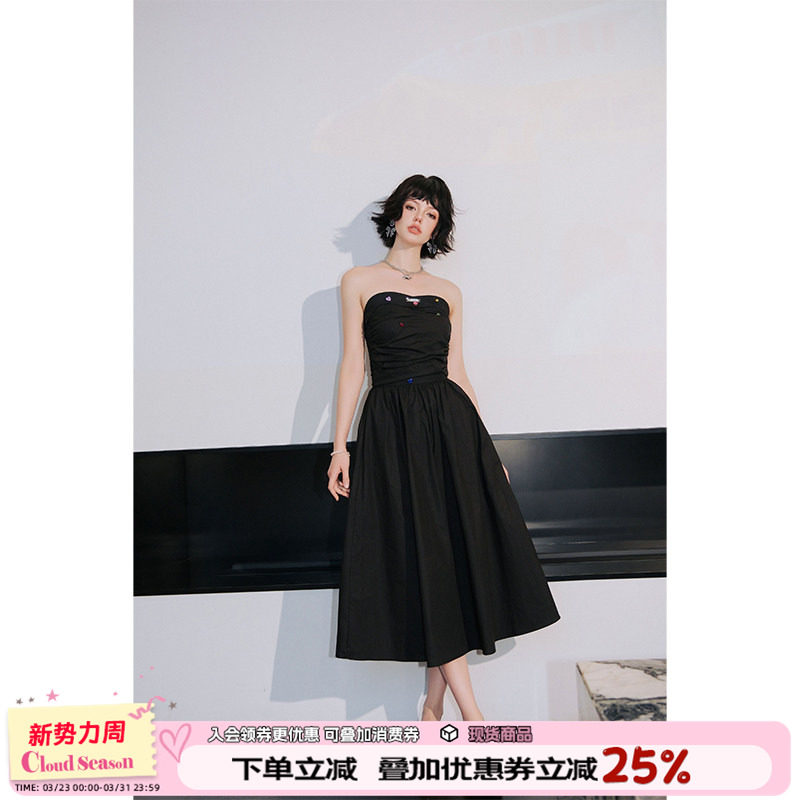 CLOUDSEASON彩钻黑色抹胸裙夏季法式高级感长裙无袖高腰a字连衣裙