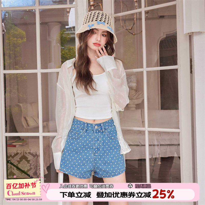 CLOUDSEASON圆点牛仔短裤2026夏季新款蓝色直筒裤休闲裤子女