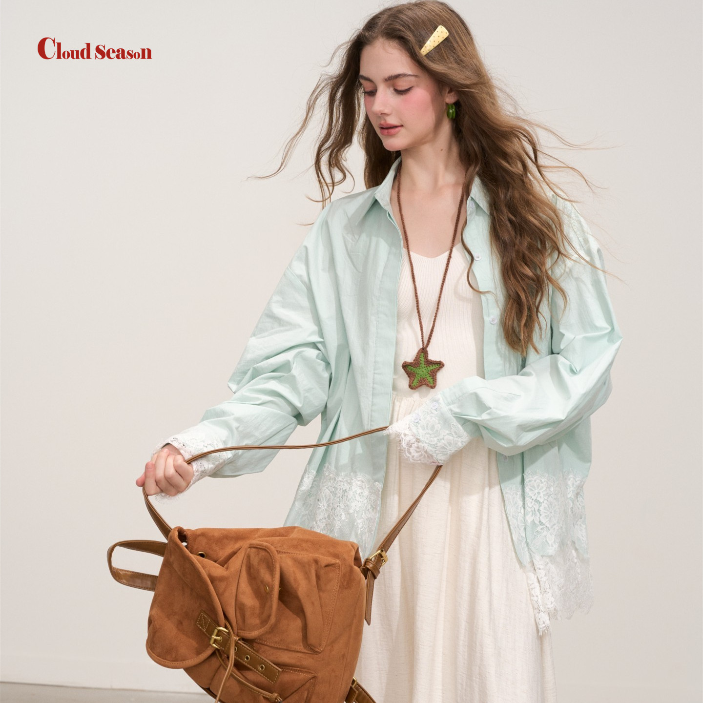 CLOUDSEASON蔚蓝星海蕾丝衬衫上衣女衬衫女设计感小众衬衫女秋