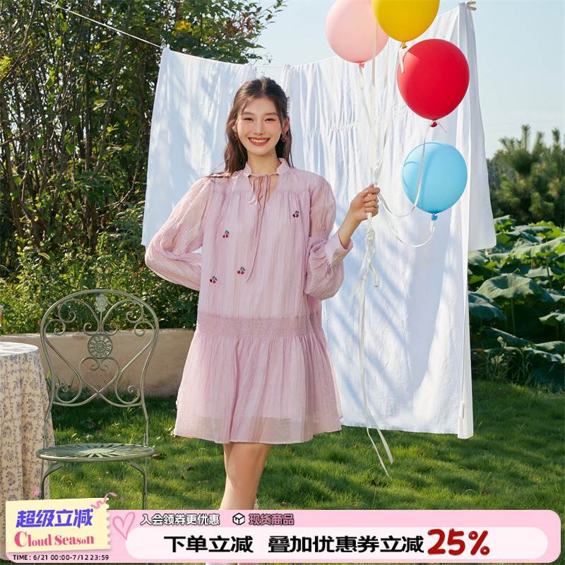 CLOUDSEASON小苍兰樱桃连衣裙 长袖连衣裙女2025秋季温柔上档次