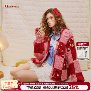CLOUDSEASON少女病撞色手钩毛衣秋冬女毛衣开衫外套女2026新款