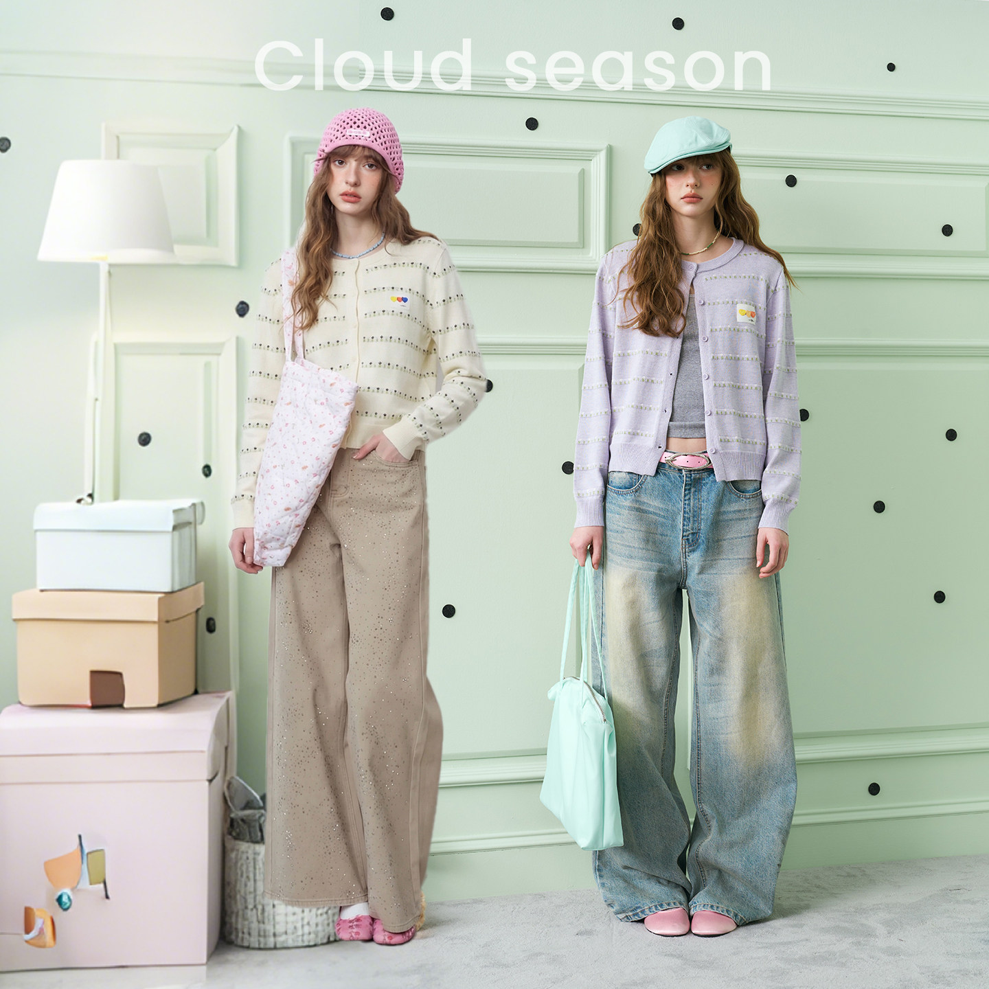 CLOUDSEASON一串心针织开衫春季新款软糯上衣女宽松外搭薄款外套