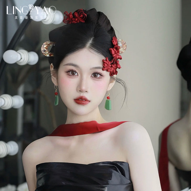 新中式新娘头饰红色盘扣发簪