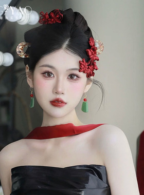 新中式新娘头饰红色盘扣发簪结婚马面裙旗袍晨袍敬酒服发饰品大气