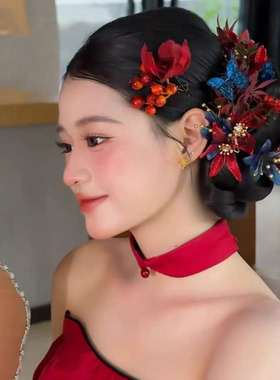 红蓝撞色仿真花新娘敬酒发夹头饰