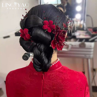 红色新娘头饰复古新中式婚礼敬酒服花朵发饰高级减龄百搭晨袍头花