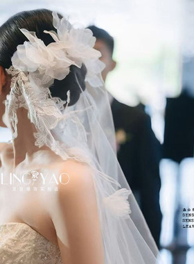 新款超仙娟纱蕾丝花朵头饰头纱新娘主婚纱结婚领证写真跟妆配饰品