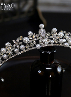 新款新娘头饰韩式简约珍珠皇冠发饰婚纱礼服宴会高级感王冠发饰品