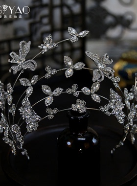 森系新款蝴蝶花朵个性气质皇冠新娘结婚头饰主婚纱王冠影楼发饰