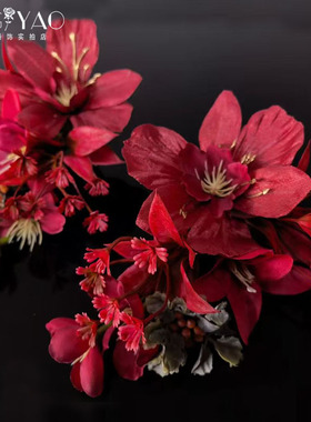 红色花朵发夹女古风仿真花头饰中式敬酒服减龄晨袍盘发跟妆边夹