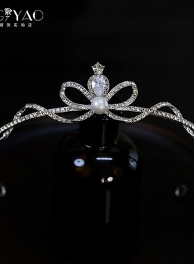 新款新娘头饰高级感简约闪亮锆石珍珠水钻蝴蝶结公主王冠结婚皇冠