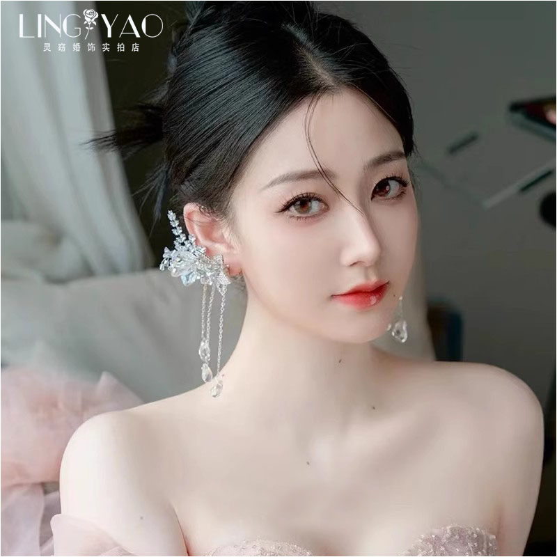 森系精致超闪锆石水晶水钻耳夹耳挂新娘结婚婚纱礼服写真跟妆耳饰