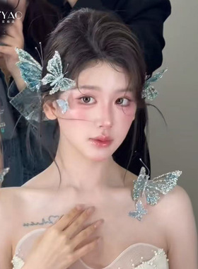 新品新娘水钻蝴蝶发夹套装高级感造型头饰晨袍重工宴会礼服配饰品