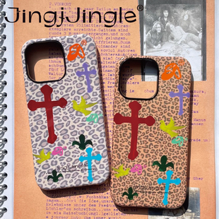 官方JingjJingle继续亮晶晶 原创《豹纹飞鸟十字架》进口菲林二合一亮面全包tpu防摔苹果手机壳韩国时髦ins风