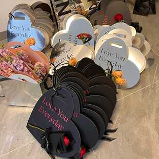 情人节手提花盒银色爱心插花盒单支玫瑰花束包装盒心形鲜花手提袋