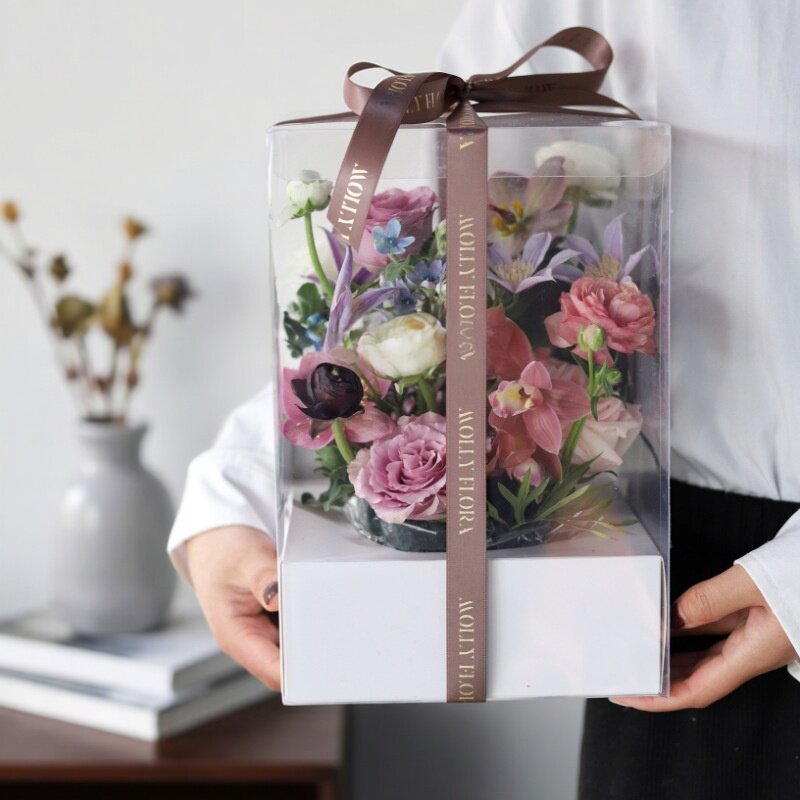 韩式玫瑰花盒PVC鲜花插花盒永生花长方形透明包装盒礼盒全景透明