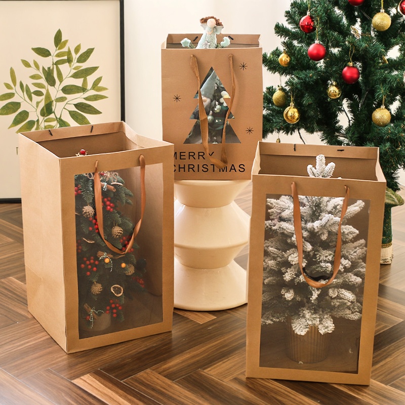 节日大号牛皮纸礼物包装盒鲜花手提袋时尚创意玫红色圣诞礼品礼袋