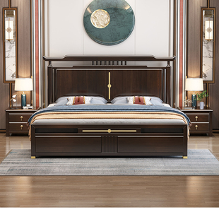 实木床中国风现代简约1.8米主卧室轻奢双人床储物婚床家具 新中式