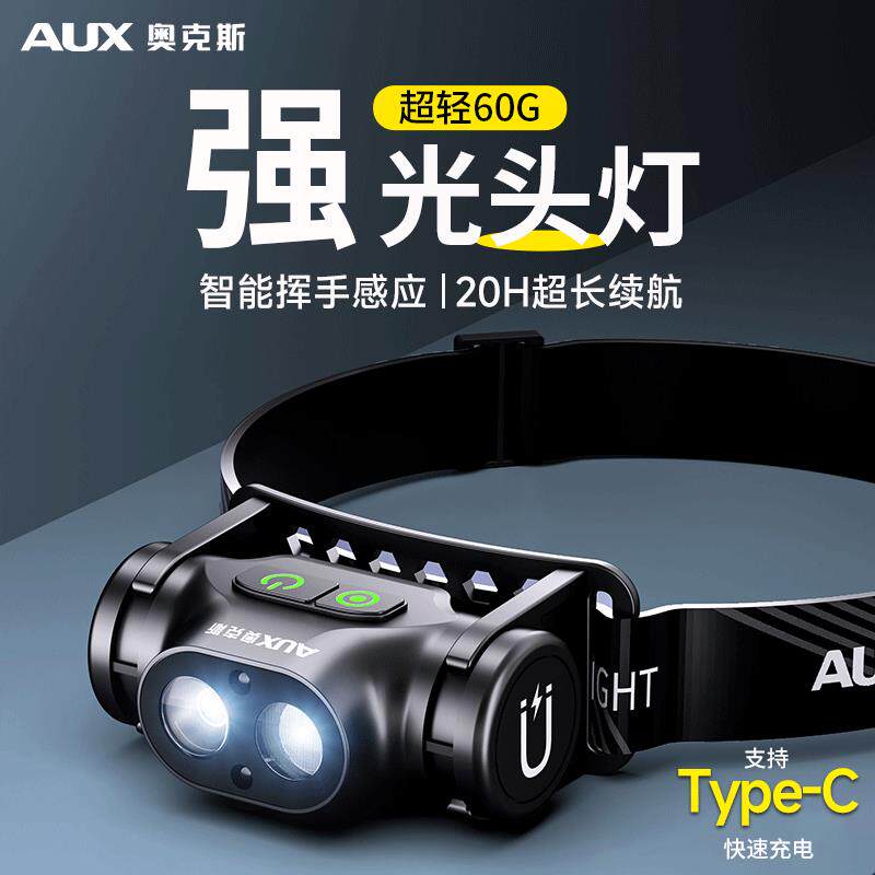 奥克斯强光头灯头戴式照明灯长续航2025新款钓鱼专用户外超亮手电