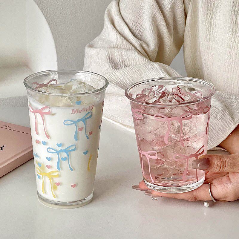 可爱蝴蝶结玻璃杯ins风家用高颜值女生喝水杯加厚早餐牛奶咖啡杯