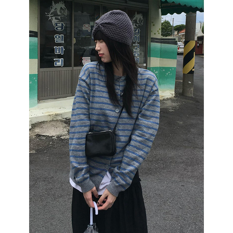 美式撞色条纹针织衫女秋冬新款单排扣开衫毛衣复古圆领长袖外套潮