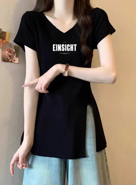 高级感v领开叉纯棉上衣女夏天