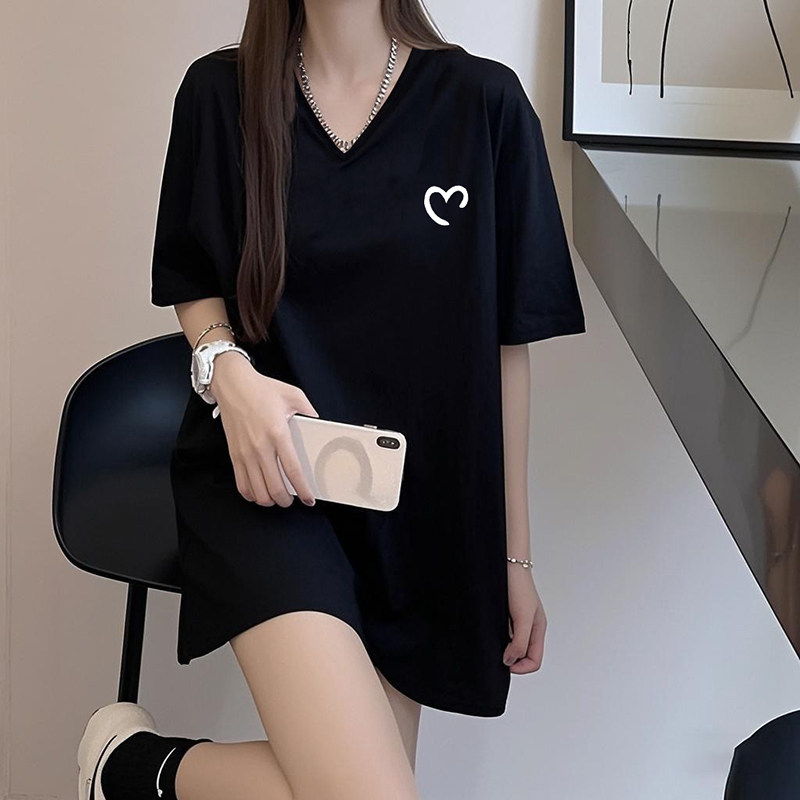 高级感宽松纯棉短袖T恤女夏天中长款遮屁股上衣黑色半袖V领打底衫