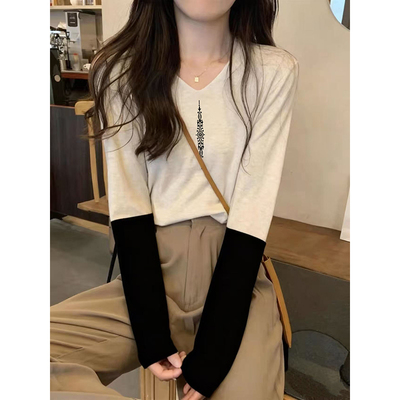 撞色V领假两件打底衫女秋冬宽松