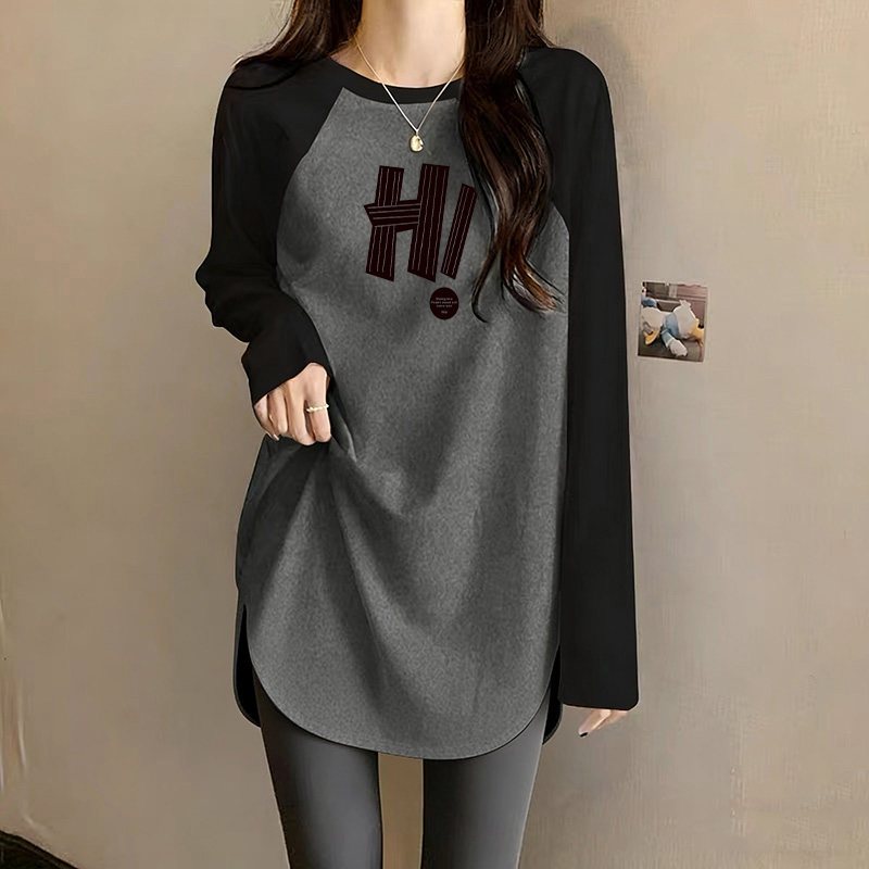美式复古字母印花T恤女纯棉长袖慵懒风打底衫春秋冬季中长款上衣