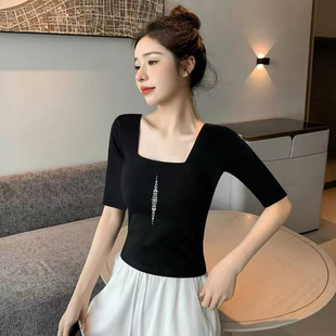 法式黑色方领上衣女夏季设计感小众五分袖打底衫修身正肩短款T恤