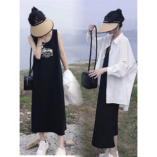 黑色吊带连衣裙无袖纯棉背心裙女夏天宽松内搭裙子直筒高级感长裙