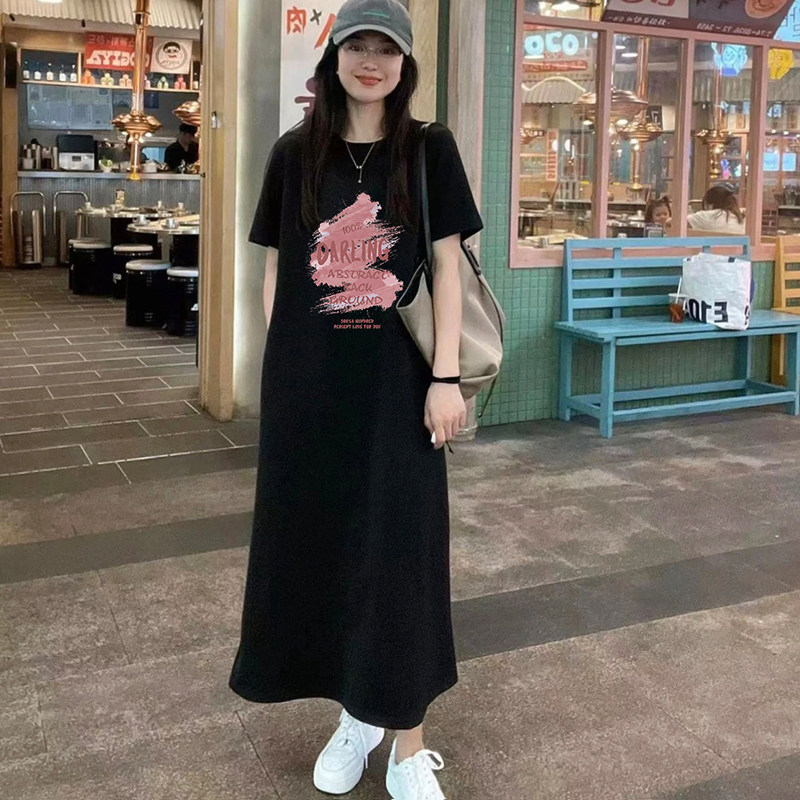 短袖t恤连衣裙女夏季学生过膝长裙子宽松显瘦体恤纯棉上衣A字裙潮